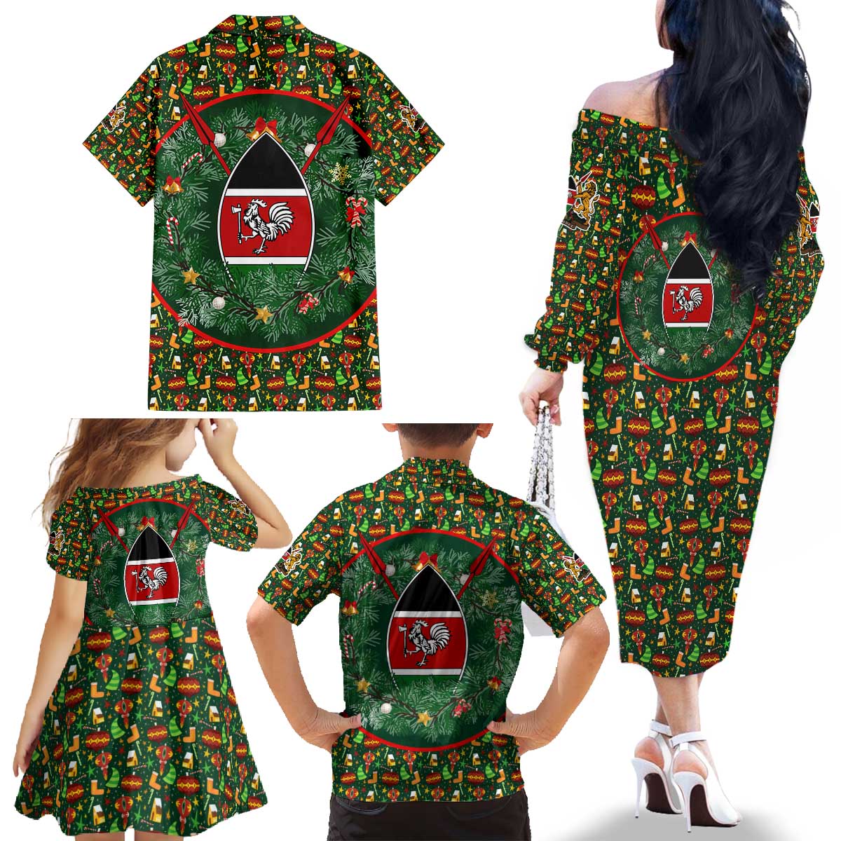 Kenya Christmas Family Matching Off The Shoulder Long Sleeve Dress and Hawaiian Shirt with Santa Feast Scene and Festive Wreath Pattern - Wonder Print Shop