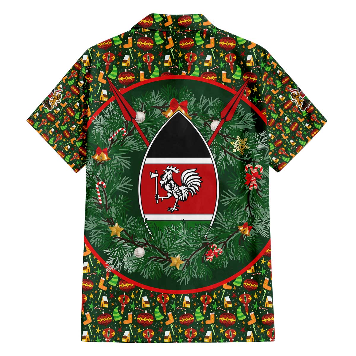 Kenya Christmas Family Matching Off The Shoulder Long Sleeve Dress and Hawaiian Shirt with Santa Feast Scene and Festive Wreath Pattern - Wonder Print Shop