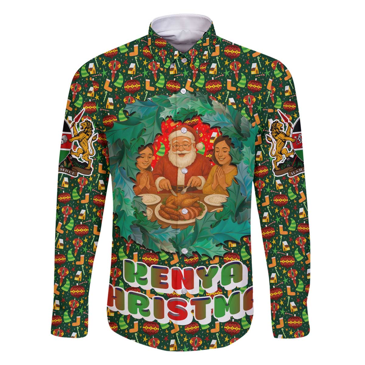 Kenya Christmas Family Matching Off The Shoulder Long Sleeve Dress and Hawaiian Shirt with Santa Feast Scene and Festive Wreath Pattern - Wonder Print Shop