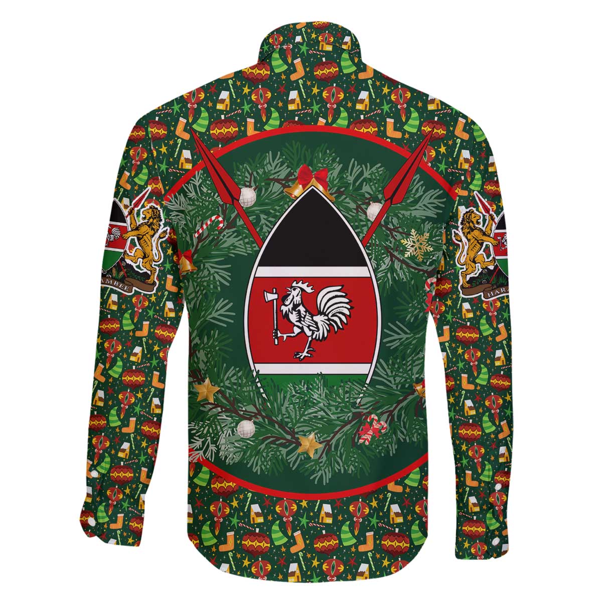 Kenya Christmas Family Matching Off The Shoulder Long Sleeve Dress and Hawaiian Shirt with Santa Feast Scene and Festive Wreath Pattern - Wonder Print Shop