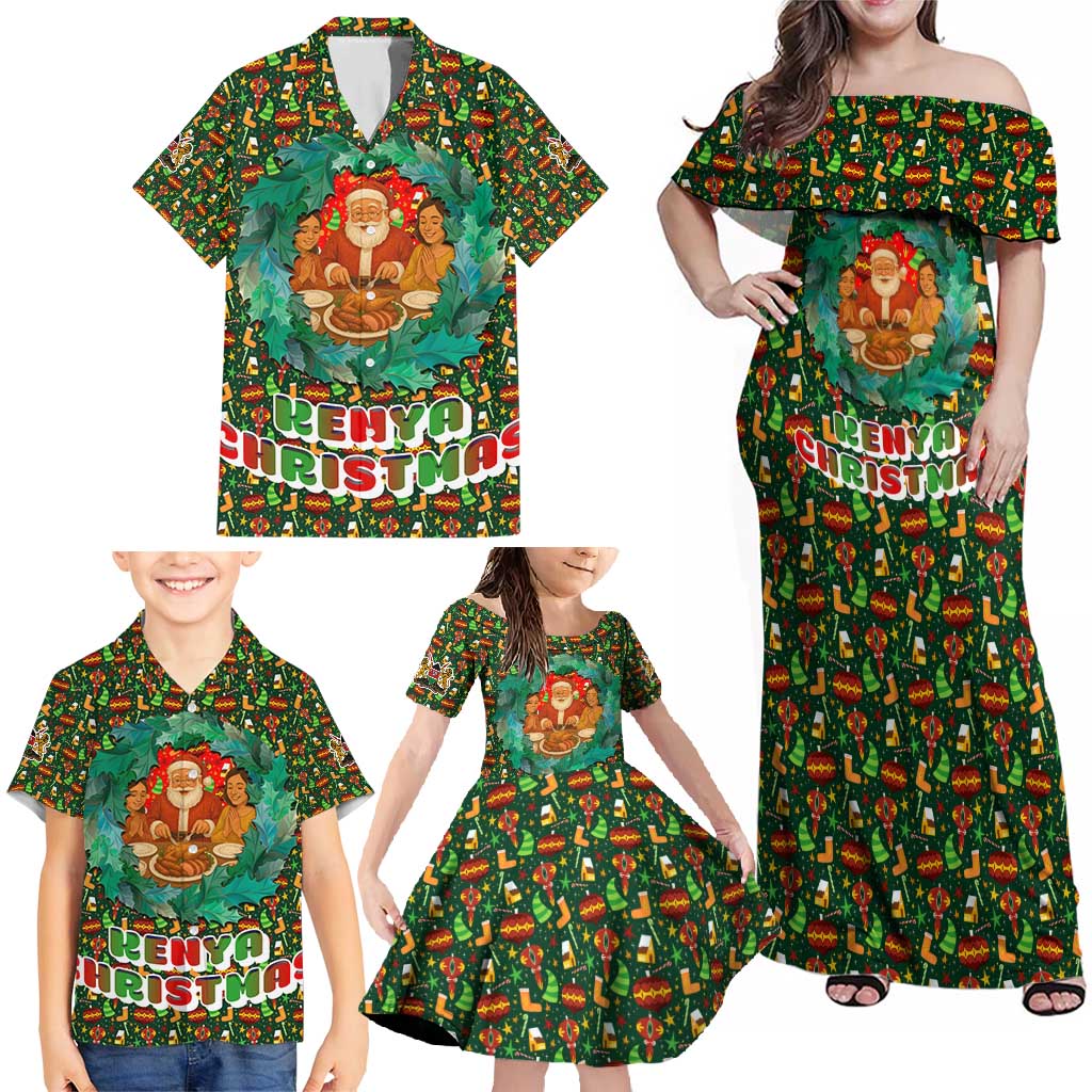 Kenya Christmas Family Matching Off Shoulder Maxi Dress and Hawaiian Shirt with Santa Feast Scene and Festive Wreath Pattern - Wonder Print Shop