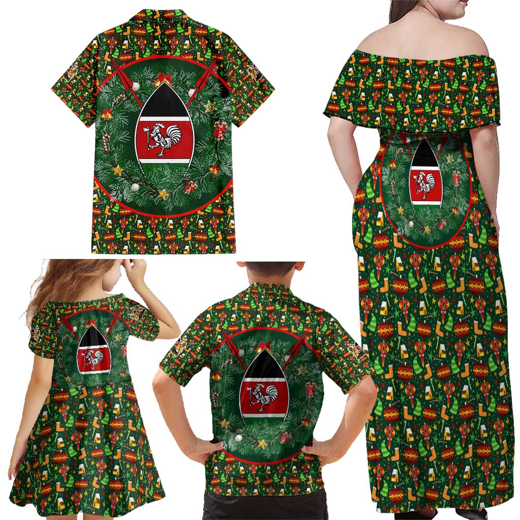 Kenya Christmas Family Matching Off Shoulder Maxi Dress and Hawaiian Shirt with Santa Feast Scene and Festive Wreath Pattern - Wonder Print Shop