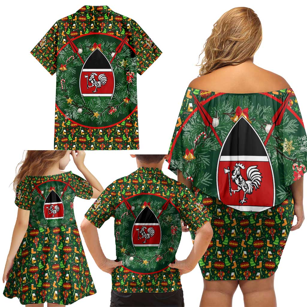 Kenya Christmas Family Matching Off Shoulder Short Dress and Hawaiian Shirt with Santa Feast Scene and Festive Wreath Pattern - Wonder Print Shop