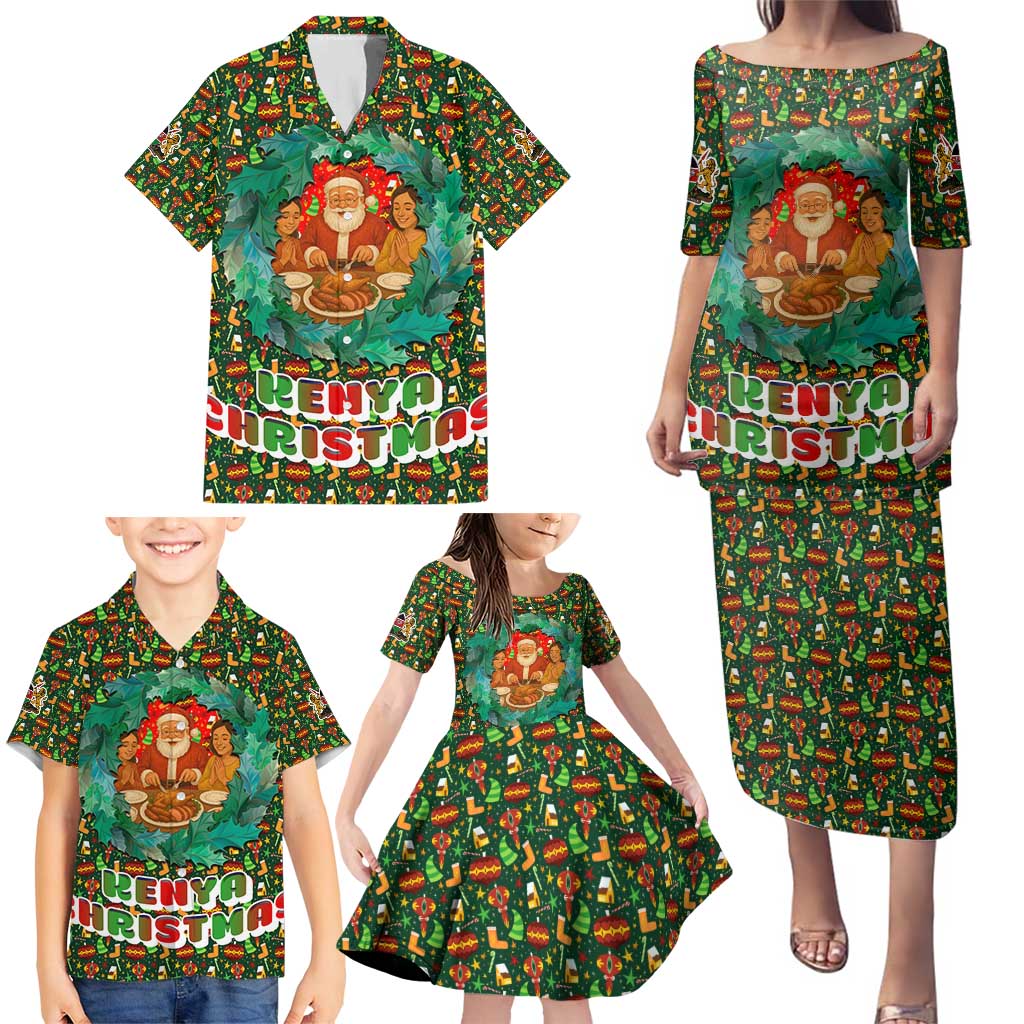 Kenya Christmas Family Matching Puletasi and Hawaiian Shirt with Santa Feast Scene and Festive Wreath Pattern - Wonder Print Shop