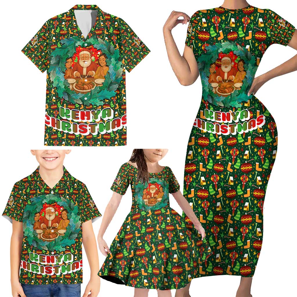 Kenya Christmas Family Matching Short Sleeve Bodycon Dress and Hawaiian Shirt with Santa Feast Scene and Festive Wreath Pattern - Wonder Print Shop