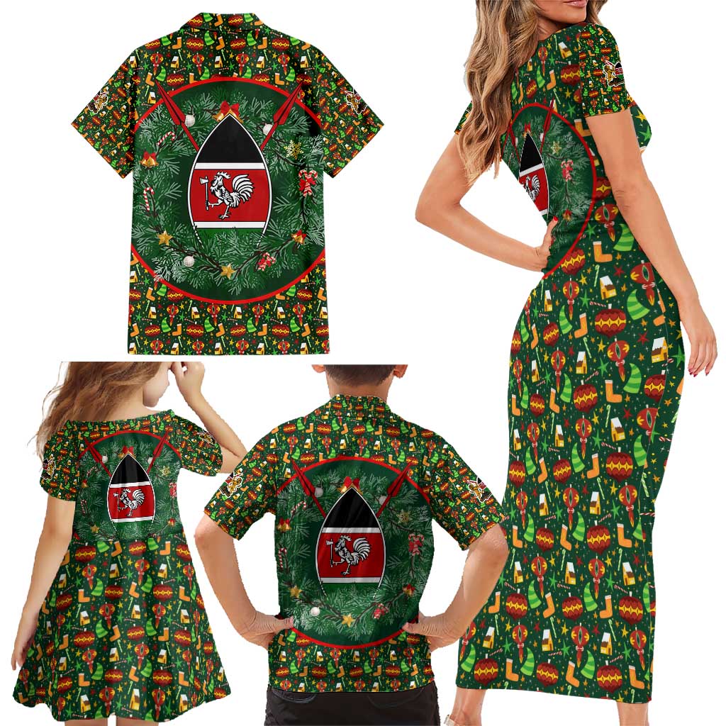 Kenya Christmas Family Matching Short Sleeve Bodycon Dress and Hawaiian Shirt with Santa Feast Scene and Festive Wreath Pattern - Wonder Print Shop