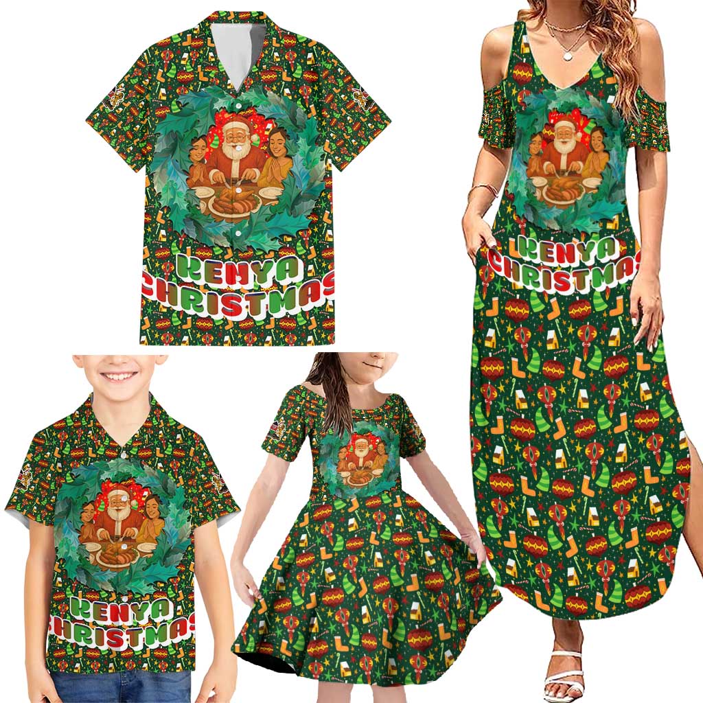 Kenya Christmas Family Matching Summer Maxi Dress and Hawaiian Shirt with Santa Feast Scene and Festive Wreath Pattern - Wonder Print Shop