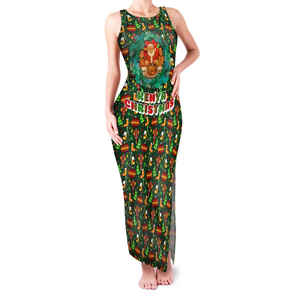 Kenya Christmas Family Matching Tank Maxi Dress and Hawaiian Shirt with Santa Feast Scene and Festive Wreath Pattern - Wonder Print Shop