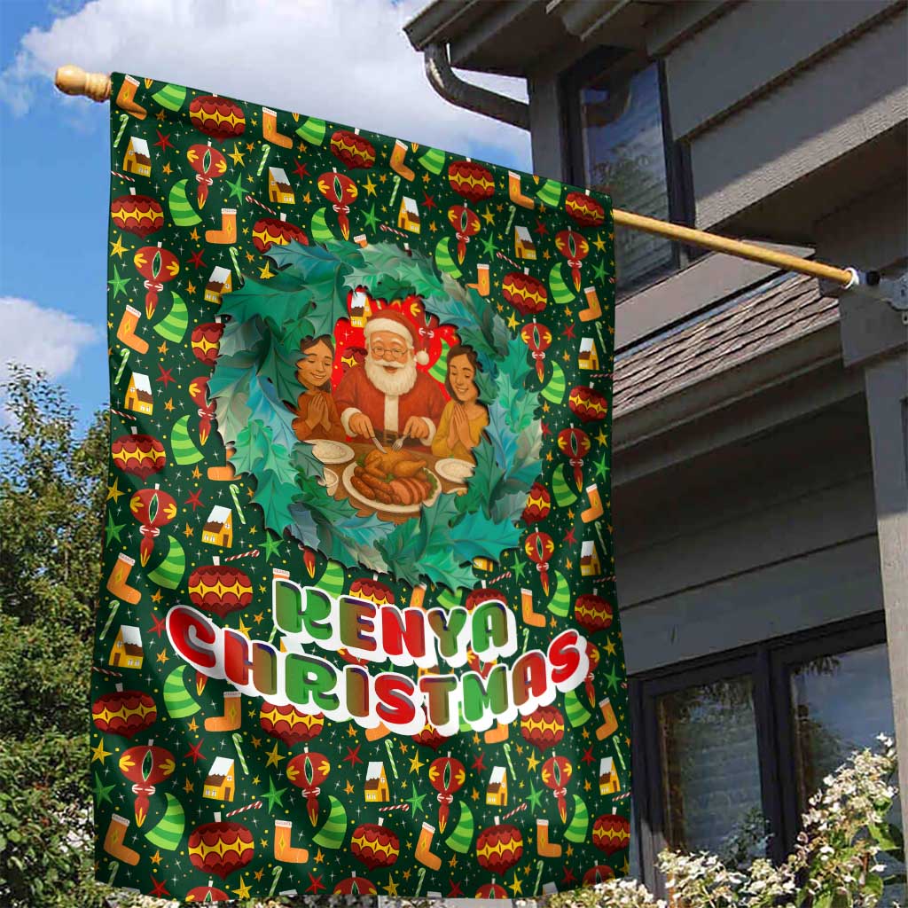 Kenya Christmas Garden Flag with Santa Feast Scene and Festive Wreath Pattern - Wonder Print Shop