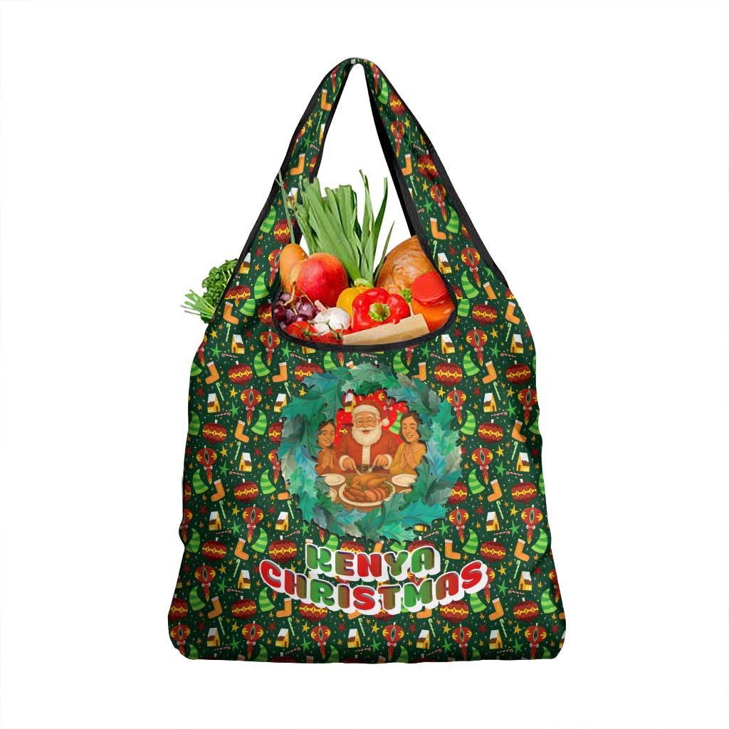 Kenya Christmas Grocery Bag with Santa Feast Scene and Festive Wreath Pattern - Wonder Print Shop