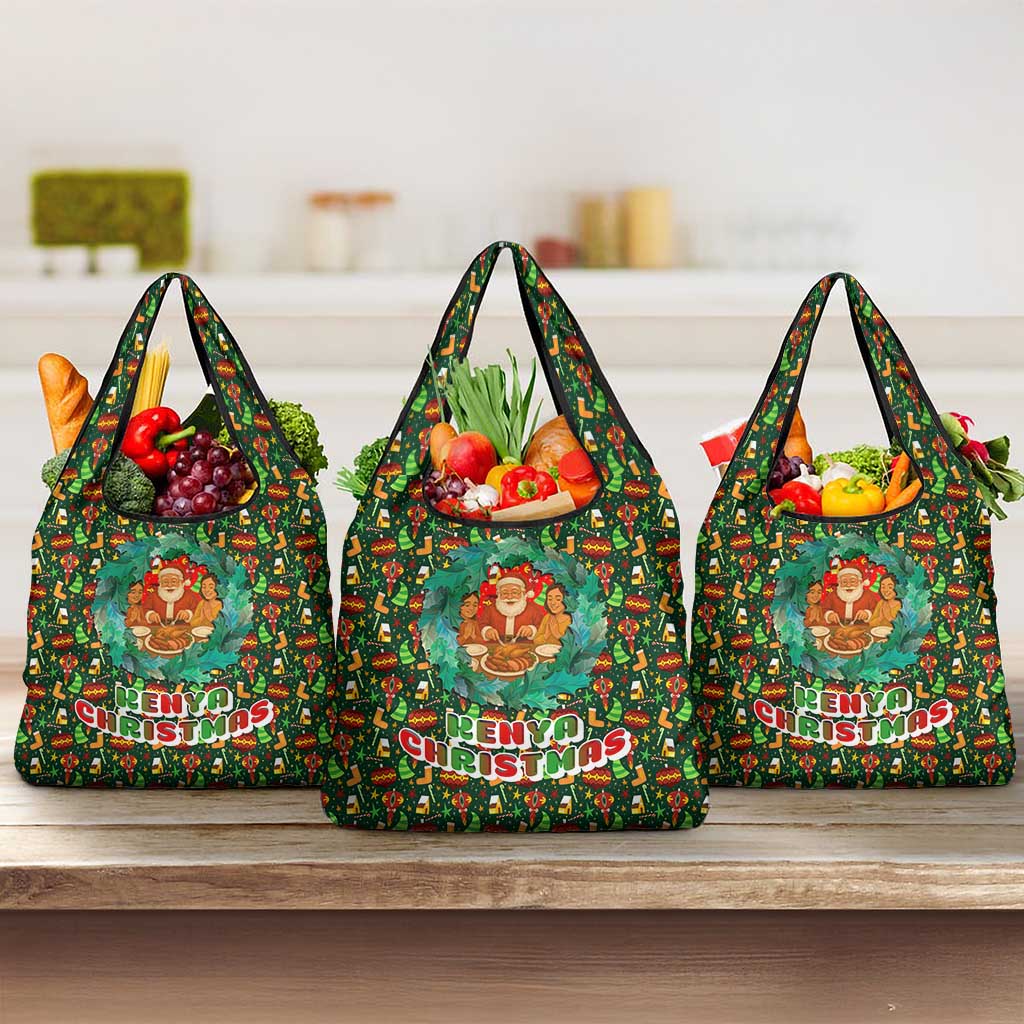 Kenya Christmas Grocery Bag with Santa Feast Scene and Festive Wreath Pattern - Wonder Print Shop