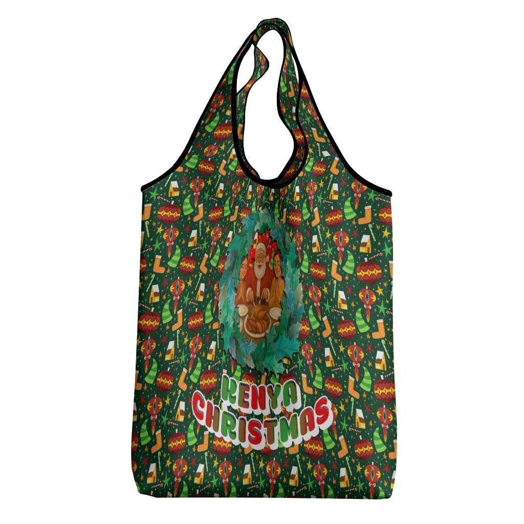 Kenya Christmas Grocery Bag with Santa Feast Scene and Festive Wreath Pattern - Wonder Print Shop