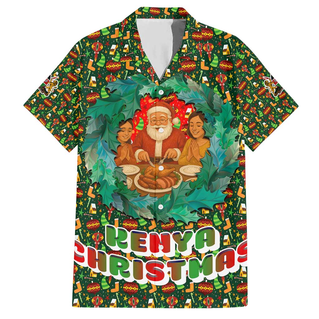 Kenya Christmas Hawaiian Shirt with Santa Feast Scene and Festive Wreath Pattern - Wonder Print Shop