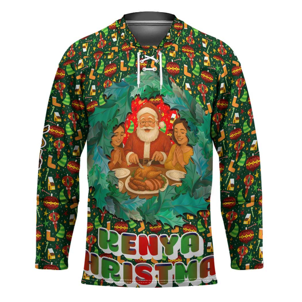 Kenya Christmas Hockey Jersey with Santa Feast Scene and Festive Wreath Pattern - Wonder Print Shop