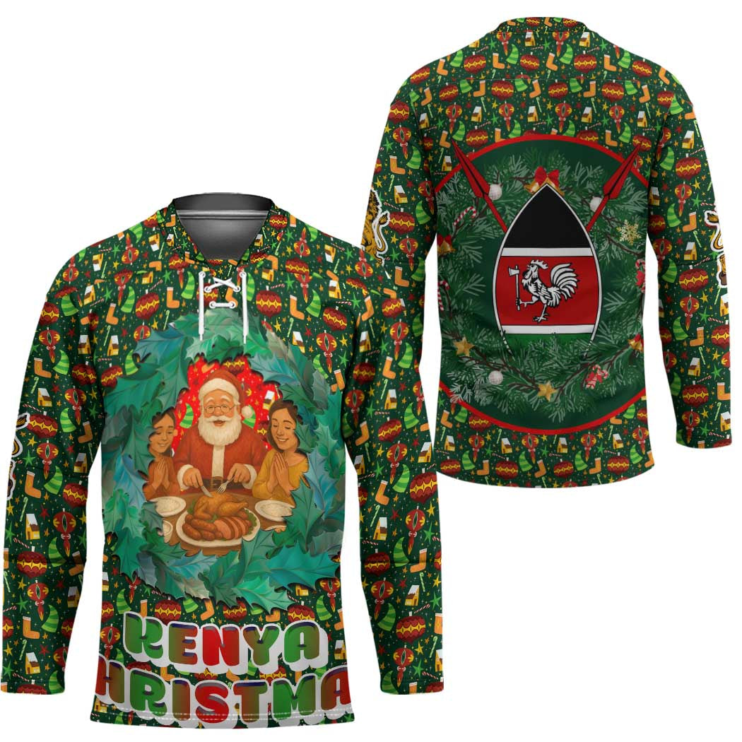 Kenya Christmas Hockey Jersey with Santa Feast Scene and Festive Wreath Pattern - Wonder Print Shop