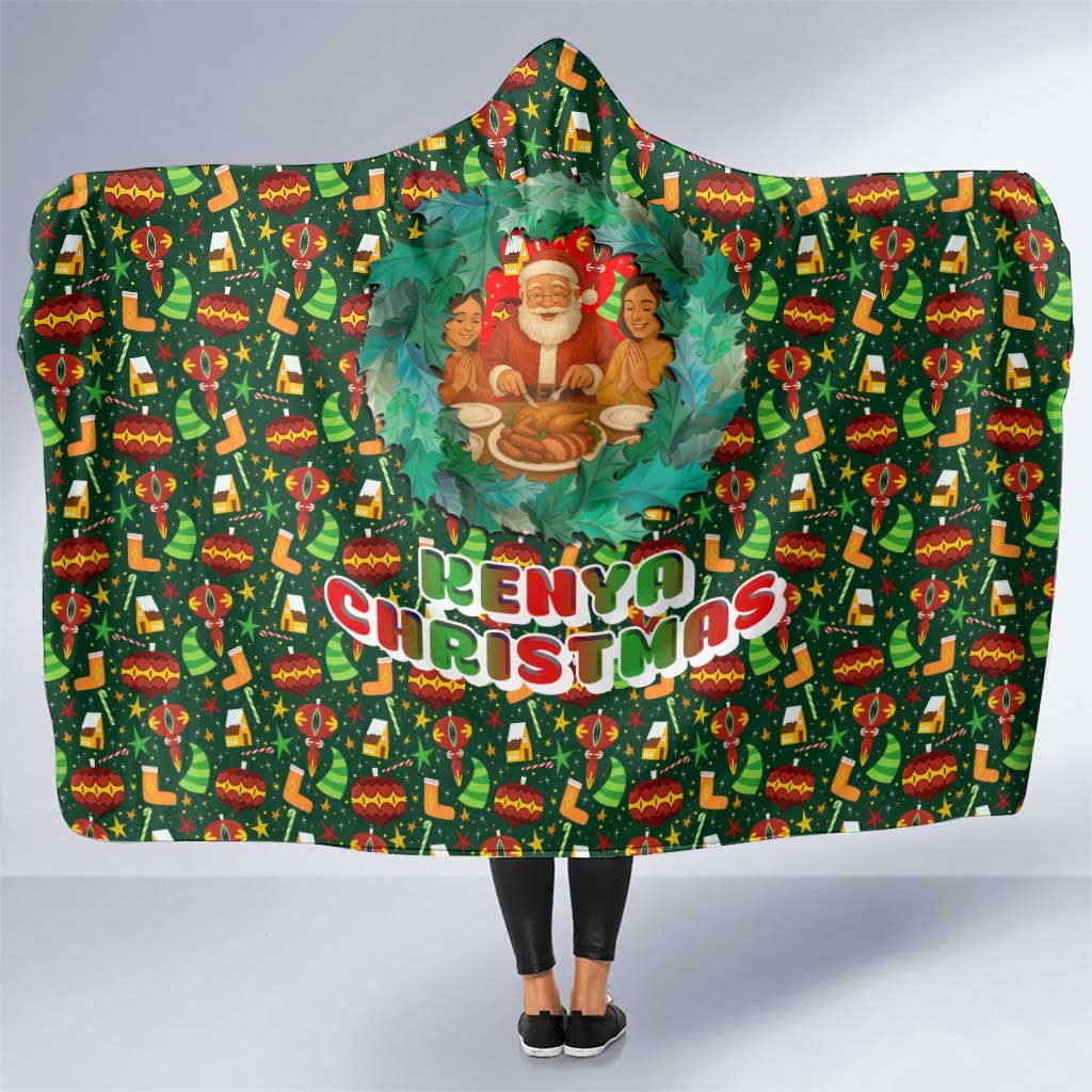 Kenya Christmas Hooded Blanket with Santa Feast Scene and Festive Wreath Pattern - Wonder Print Shop
