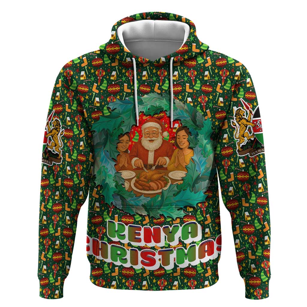 Kenya Christmas Hoodie with Santa Feast Scene and Festive Wreath Pattern - Wonder Print Shop