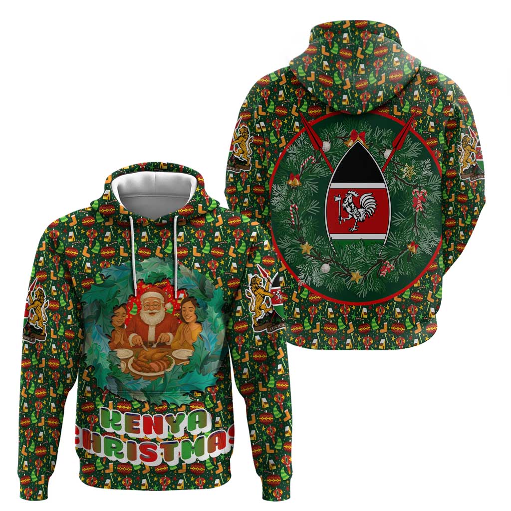 Kenya Christmas Hoodie with Santa Feast Scene and Festive Wreath Pattern - Wonder Print Shop
