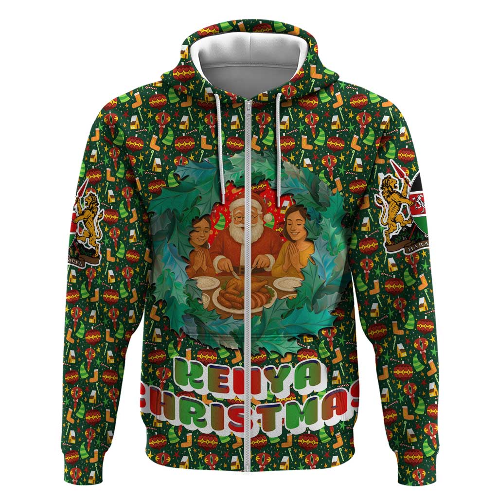 Kenya Christmas Hoodie with Santa Feast Scene and Festive Wreath Pattern - Wonder Print Shop