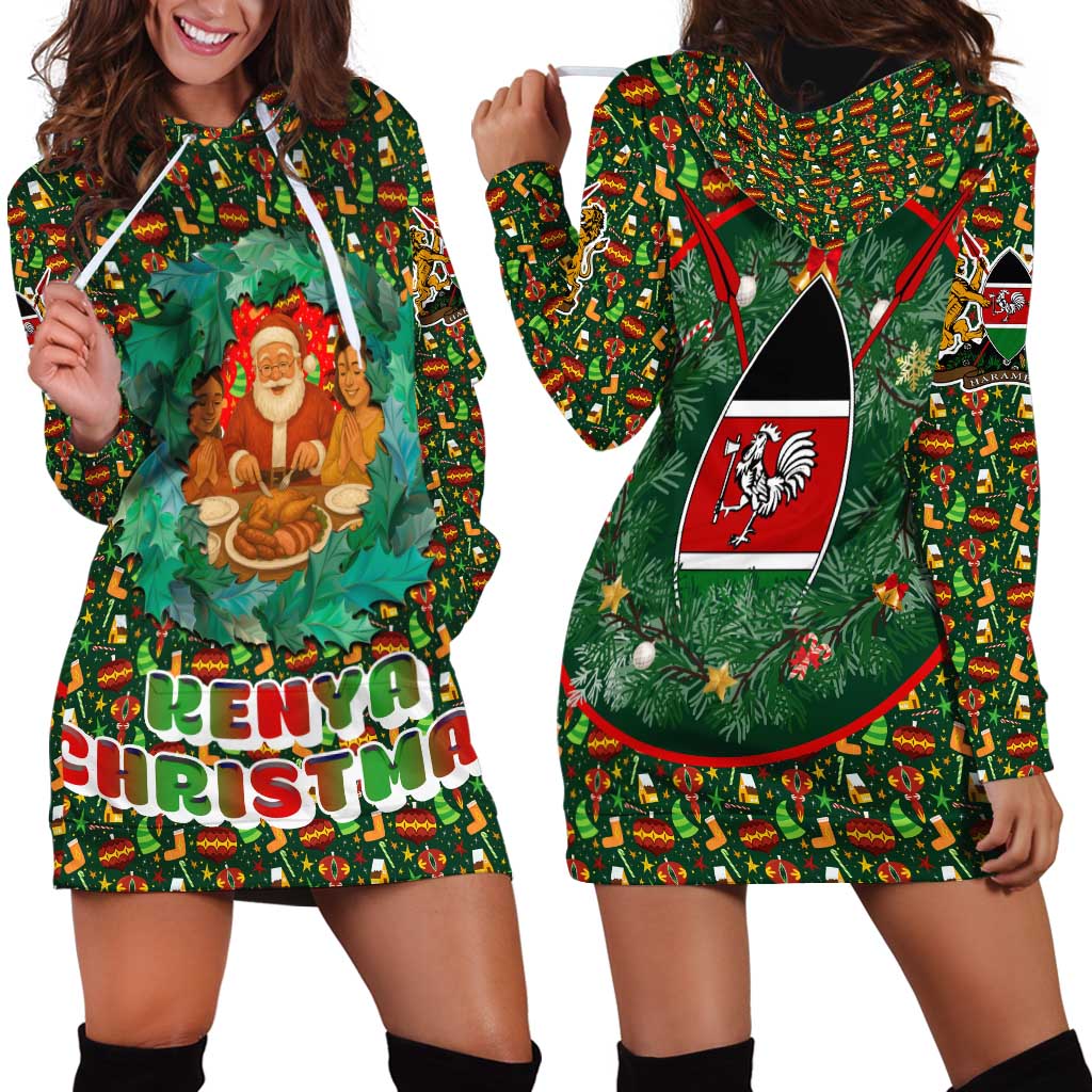 Kenya Christmas Hoodie Dress with Santa Feast Scene and Festive Wreath Pattern - Wonder Print Shop
