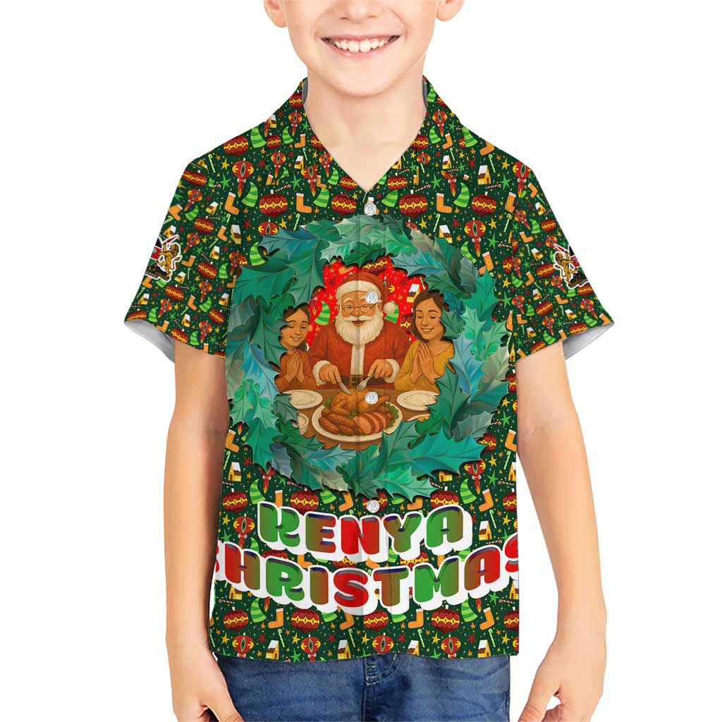 Kenya Christmas Kid Hawaiian Shirt with Santa Feast Scene and Festive Wreath Pattern - Wonder Print Shop