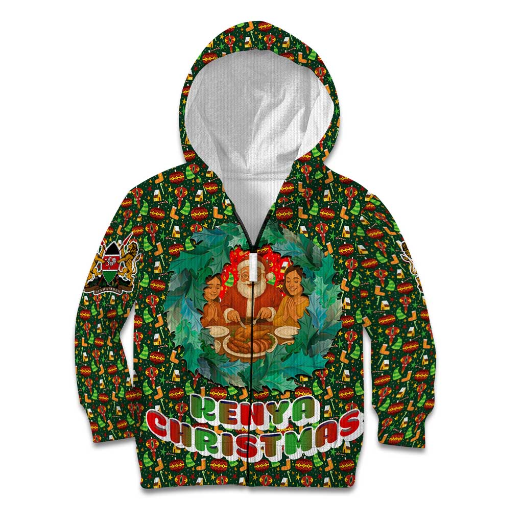 Kenya Christmas Kid Hoodie with Santa Feast Scene and Festive Wreath Pattern - Wonder Print Shop