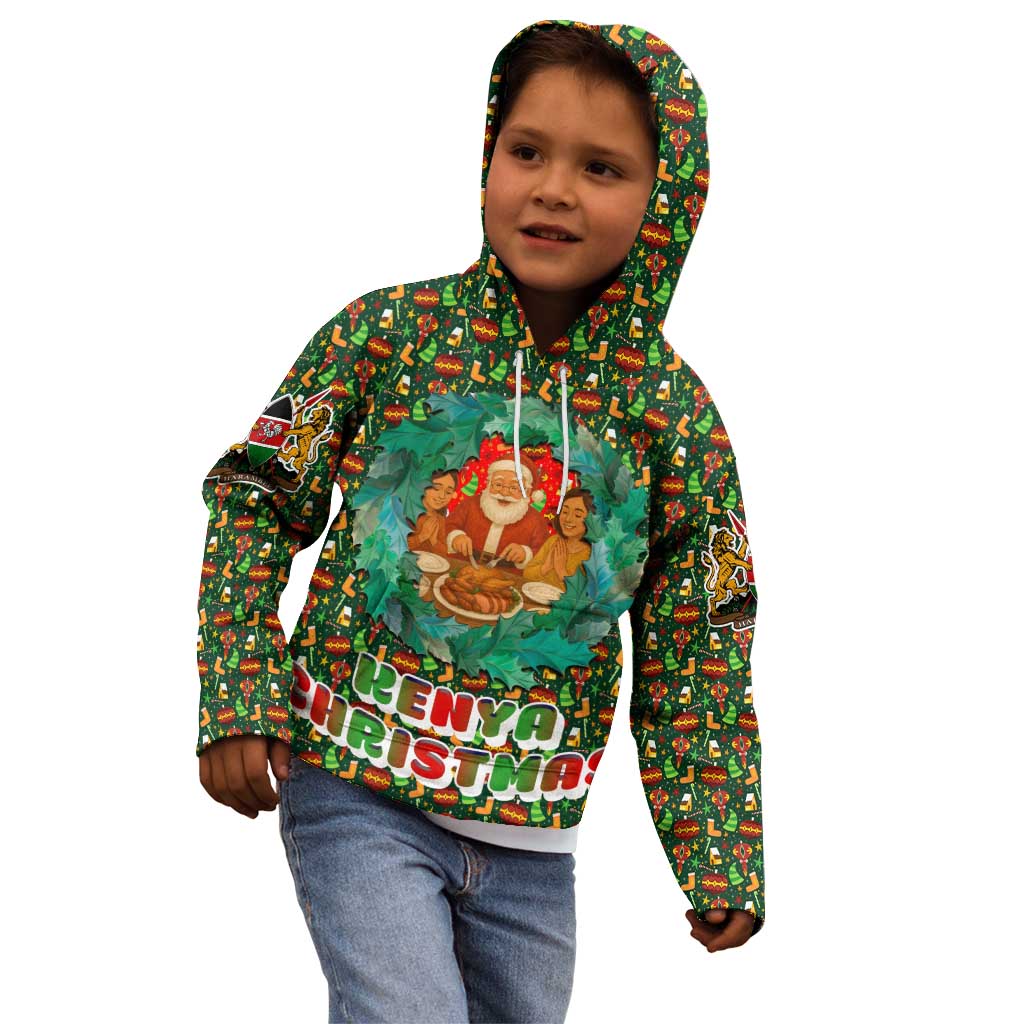 Kenya Christmas Kid Hoodie with Santa Feast Scene and Festive Wreath Pattern - Wonder Print Shop