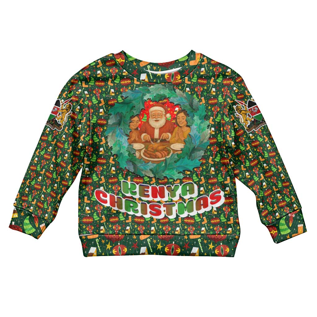 Kenya Christmas Kid Ugly Christmas Sweater with Santa Feast Scene and Festive Wreath Pattern - Wonder Print Shop