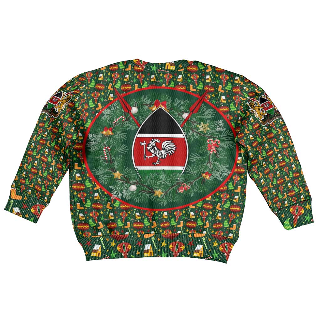 Kenya Christmas Kid Ugly Christmas Sweater with Santa Feast Scene and Festive Wreath Pattern - Wonder Print Shop