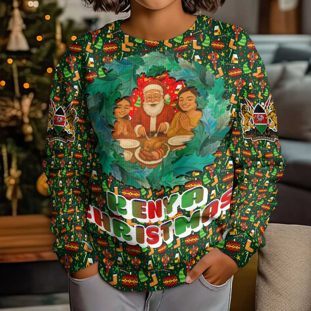 Kenya Christmas Kid Ugly Christmas Sweater with Santa Feast Scene and Festive Wreath Pattern - Wonder Print Shop
