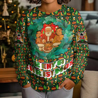 Kenya Christmas Kid Ugly Christmas Sweater with Santa Feast Scene and Festive Wreath Pattern - Wonder Print Shop