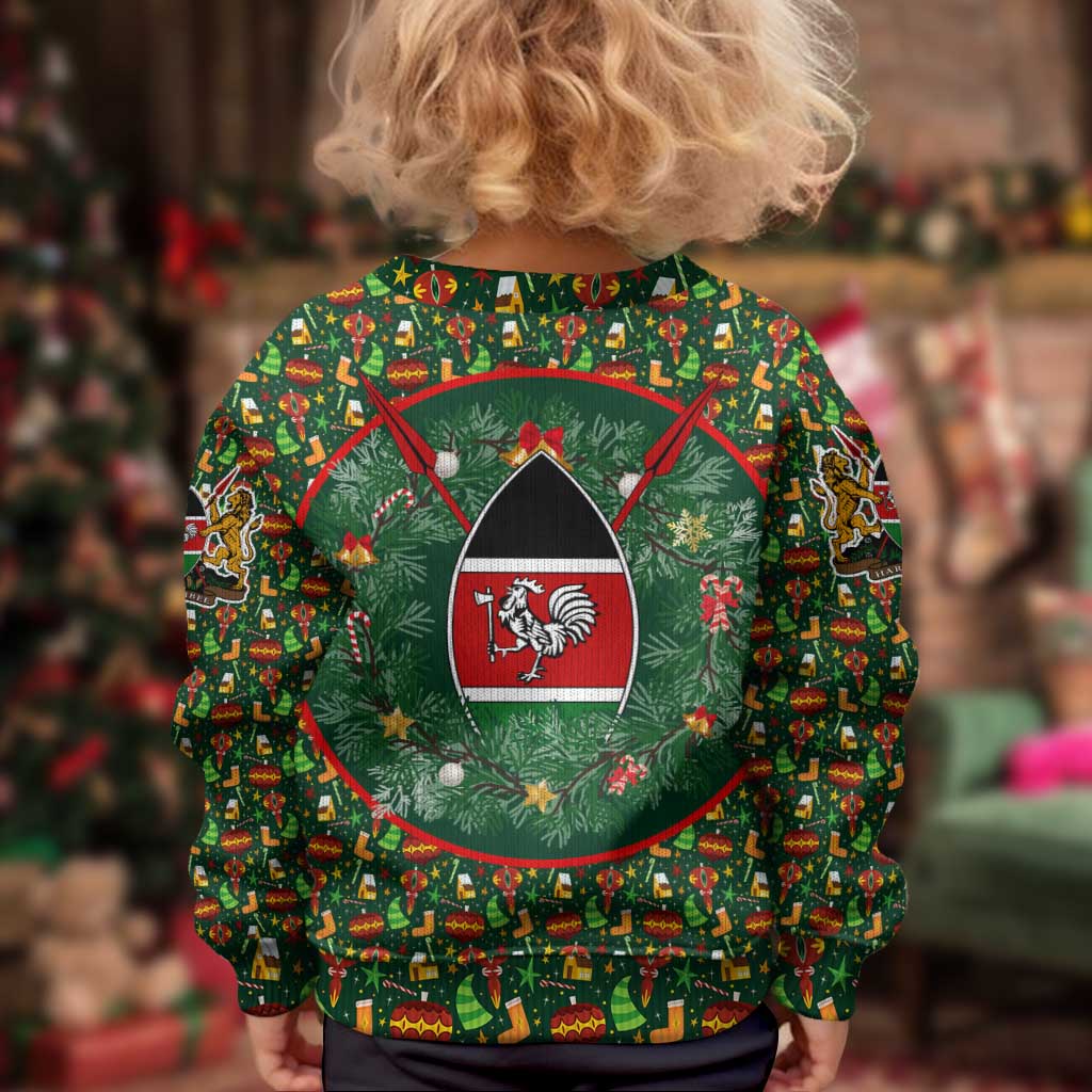 Kenya Christmas Kid Ugly Christmas Sweater with Santa Feast Scene and Festive Wreath Pattern - Wonder Print Shop