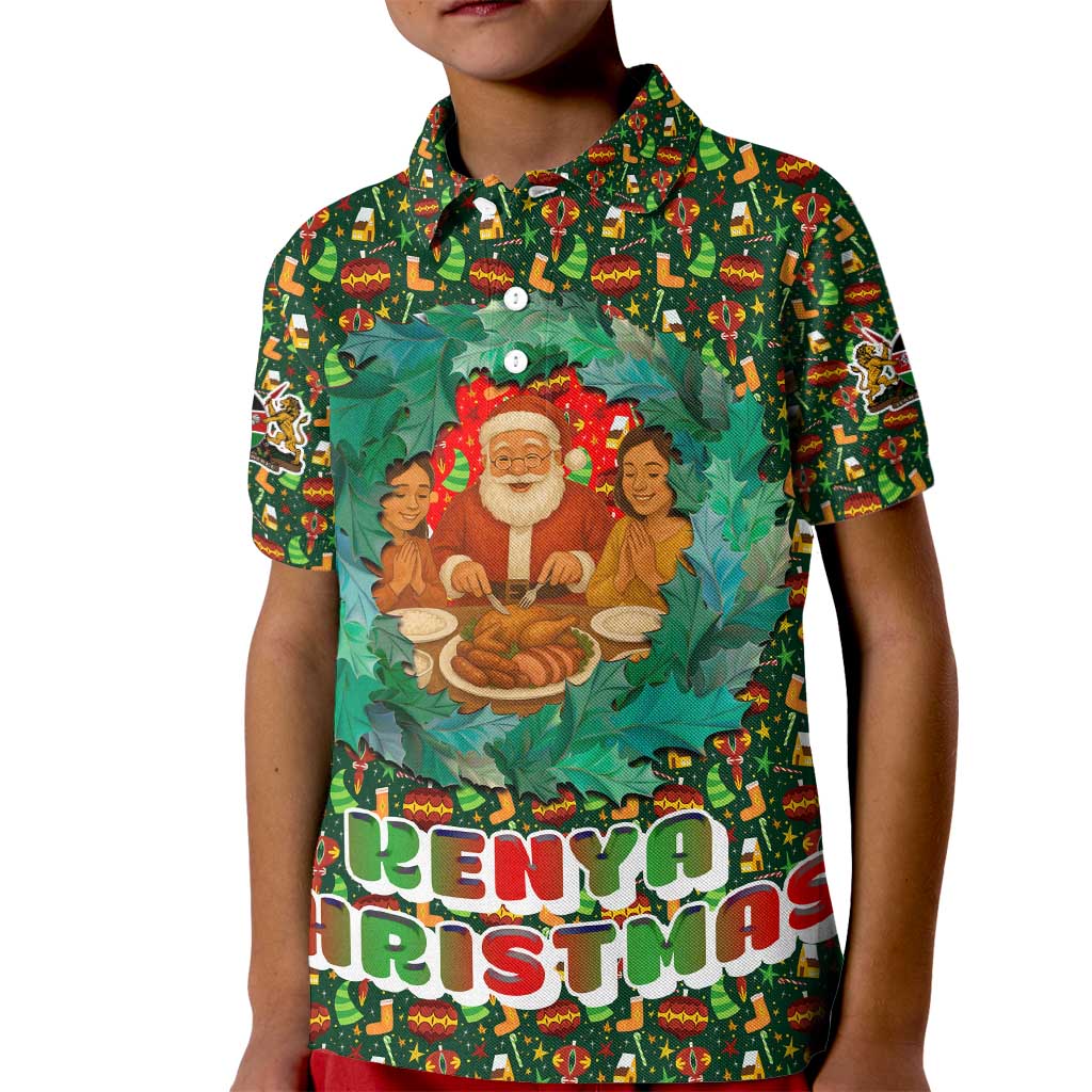 Kenya Christmas Kid Polo Shirt with Santa Feast Scene and Festive Wreath Pattern - Wonder Print Shop