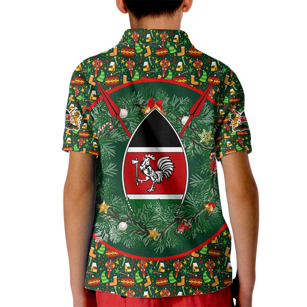 Kenya Christmas Kid Polo Shirt with Santa Feast Scene and Festive Wreath Pattern - Wonder Print Shop