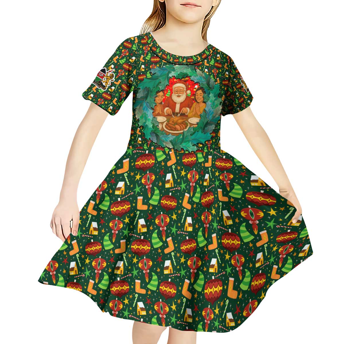 Kenya Christmas Kid Short Sleeve Dress with Santa Feast Scene and Festive Wreath Pattern - Wonder Print Shop