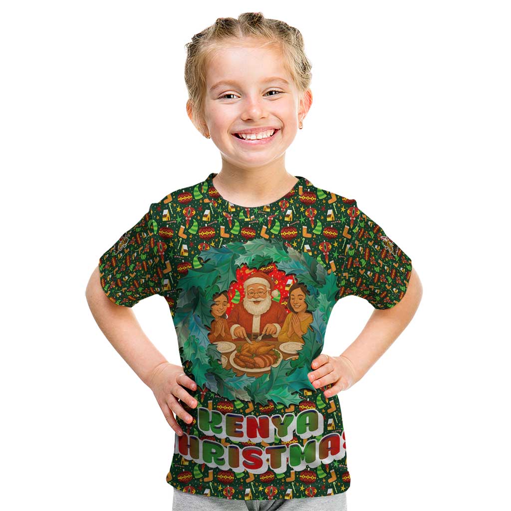 Kenya Christmas Kid T Shirt with Santa Feast Scene and Festive Wreath Pattern - Wonder Print Shop