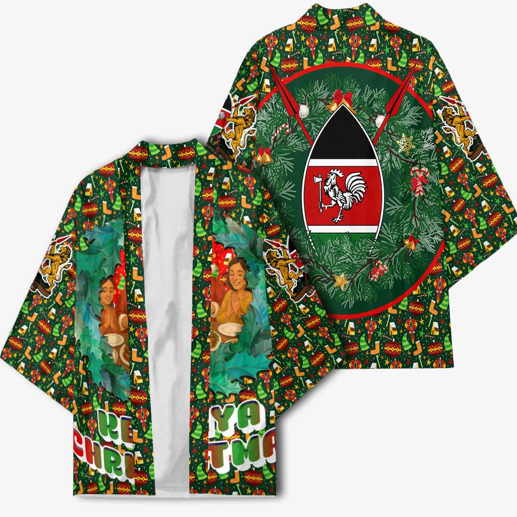 Kenya Christmas Kimono with Santa Feast Scene and Festive Wreath Pattern - Wonder Print Shop