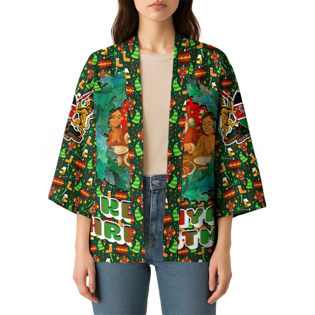 Kenya Christmas Kimono with Santa Feast Scene and Festive Wreath Pattern - Wonder Print Shop