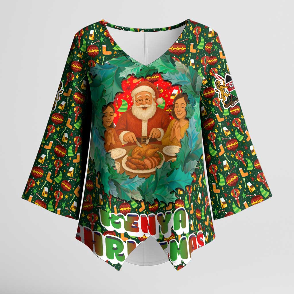 Kenya Christmas Kimono Sleeve Blouse with Santa Feast Scene and Festive Wreath Pattern - Wonder Print Shop