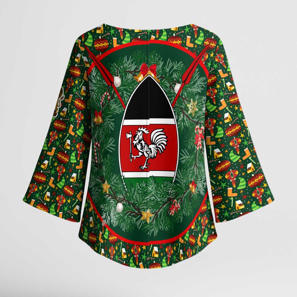 Kenya Christmas Kimono Sleeve Blouse with Santa Feast Scene and Festive Wreath Pattern - Wonder Print Shop