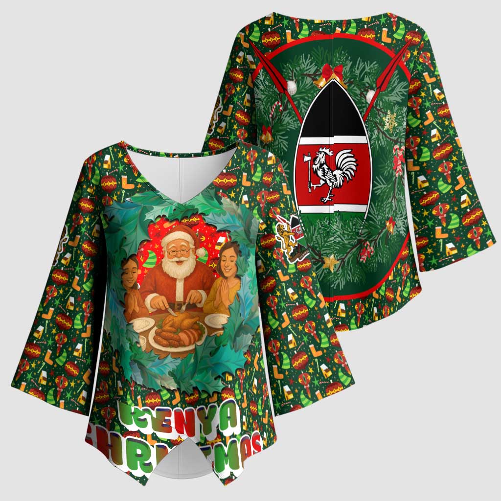 Kenya Christmas Kimono Sleeve Blouse with Santa Feast Scene and Festive Wreath Pattern - Wonder Print Shop
