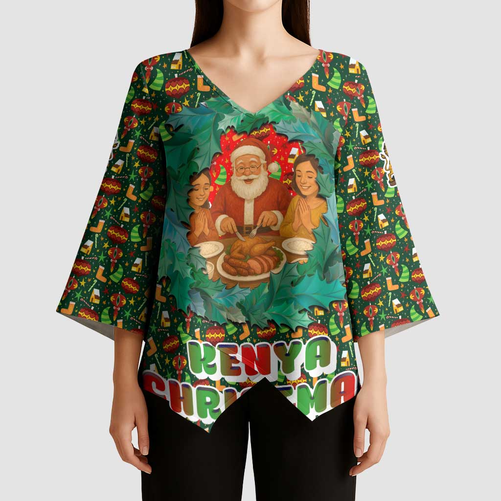 Kenya Christmas Kimono Sleeve Blouse with Santa Feast Scene and Festive Wreath Pattern - Wonder Print Shop