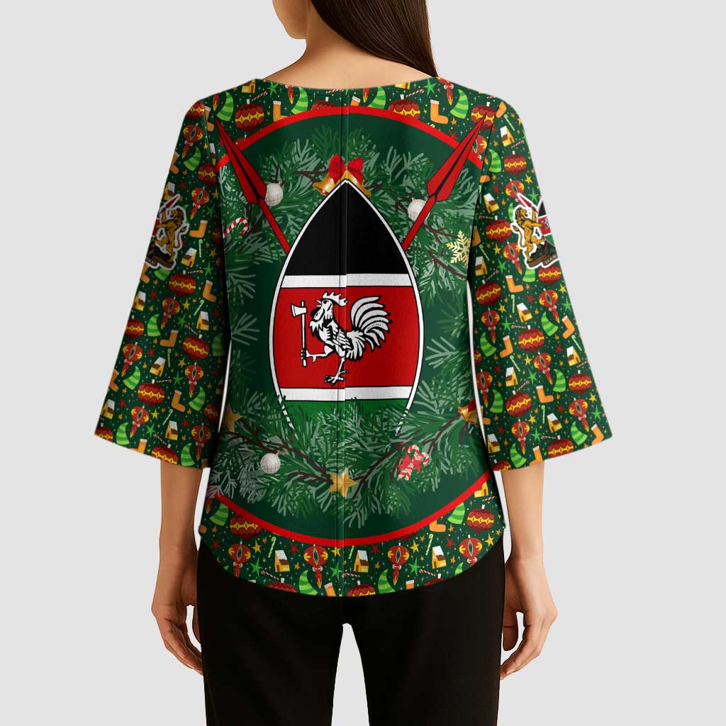 Kenya Christmas Kimono Sleeve Blouse with Santa Feast Scene and Festive Wreath Pattern - Wonder Print Shop