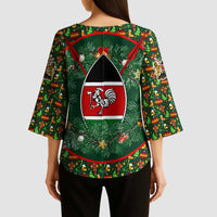Kenya Christmas Kimono Sleeve Blouse with Santa Feast Scene and Festive Wreath Pattern - Wonder Print Shop