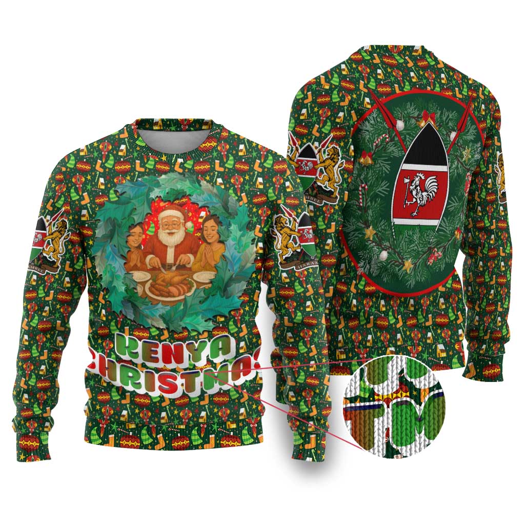 Kenya Christmas Ugly Christmas Sweater with Santa Feast Scene and Festive Wreath Pattern - Wonder Print Shop