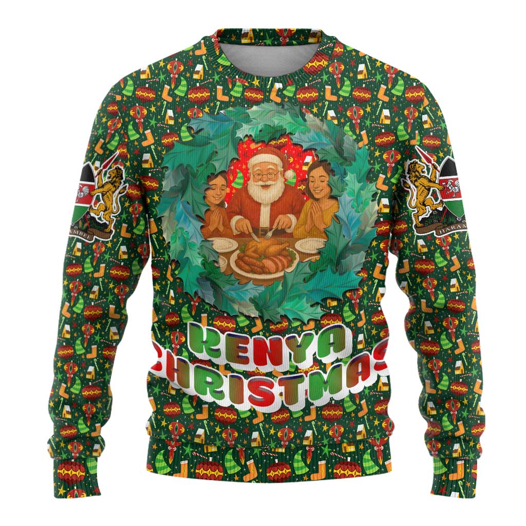 Kenya Christmas Ugly Christmas Sweater with Santa Feast Scene and Festive Wreath Pattern - Wonder Print Shop