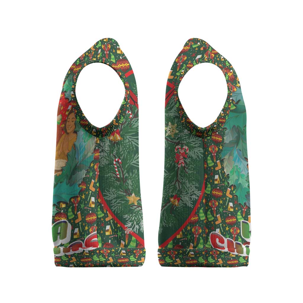 Kenya Christmas Knitted V-Neck Vest with Santa Feast Scene and Festive Wreath Pattern - Wonder Print Shop