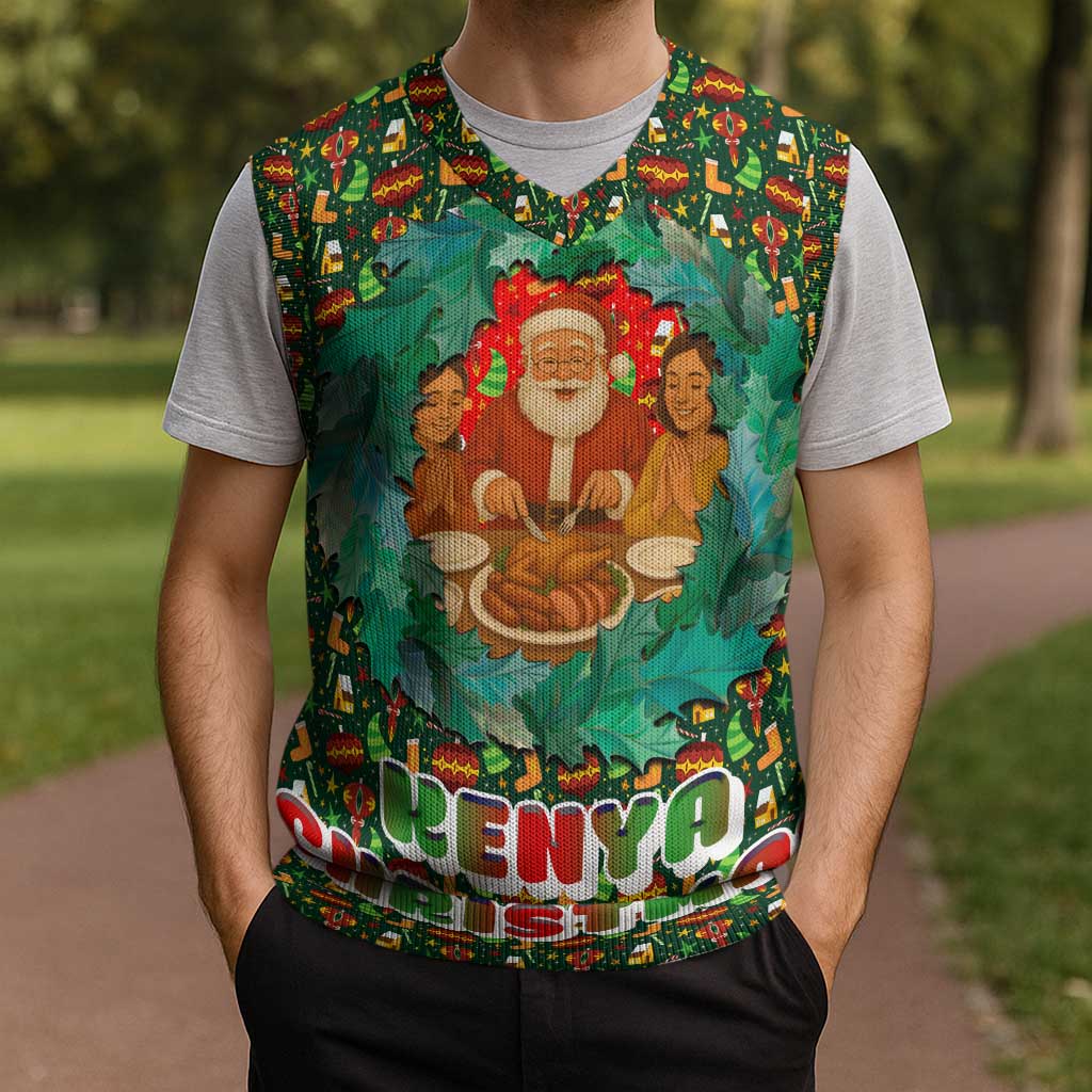 Kenya Christmas Knitted V-Neck Vest with Santa Feast Scene and Festive Wreath Pattern - Wonder Print Shop