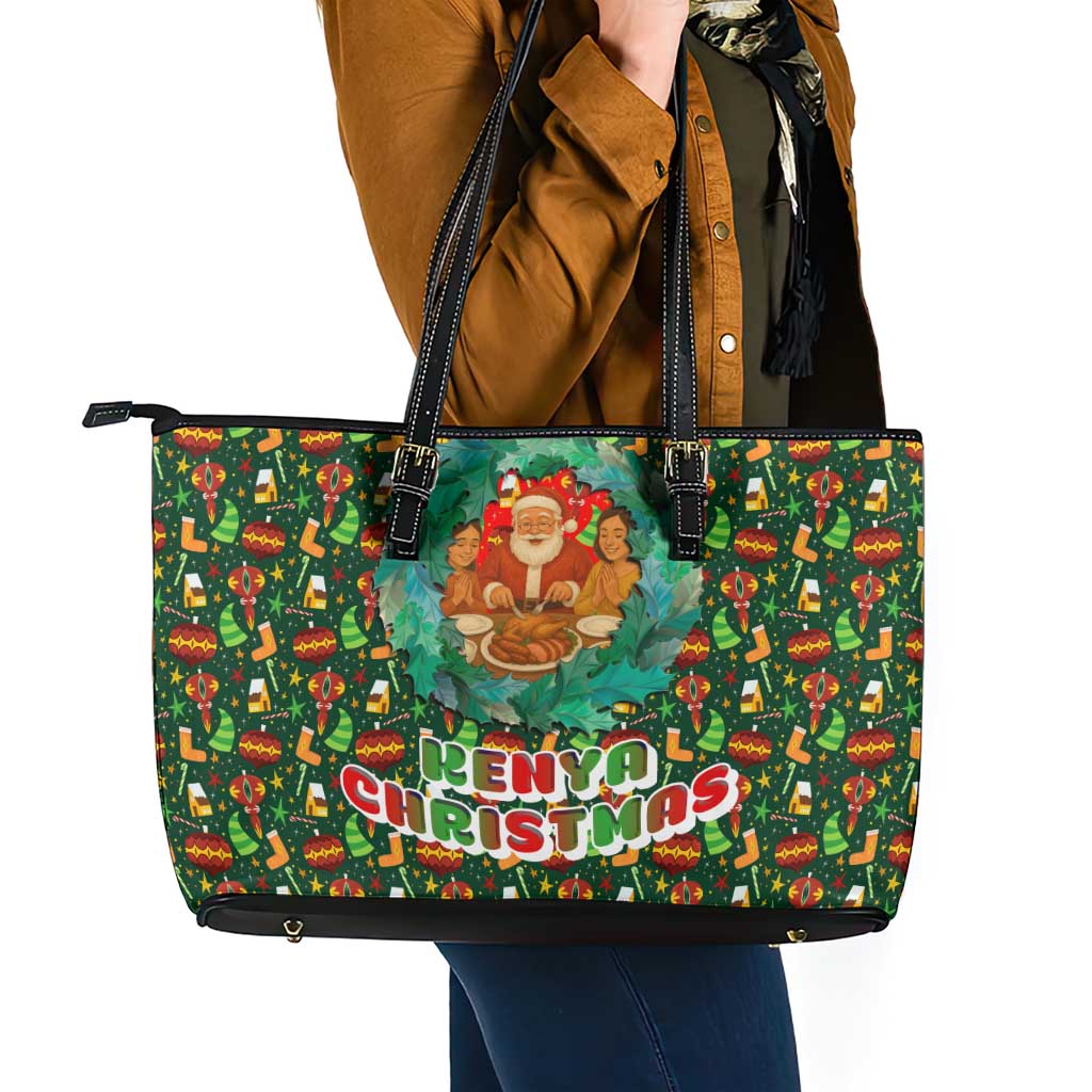 Kenya Christmas Leather Tote Bag with Santa Feast Scene and Festive Wreath Pattern - Wonder Print Shop
