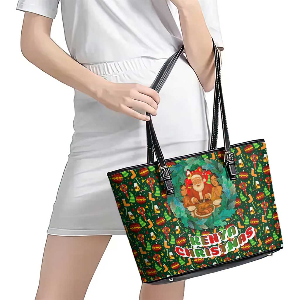 Kenya Christmas Leather Tote Bag with Santa Feast Scene and Festive Wreath Pattern - Wonder Print Shop